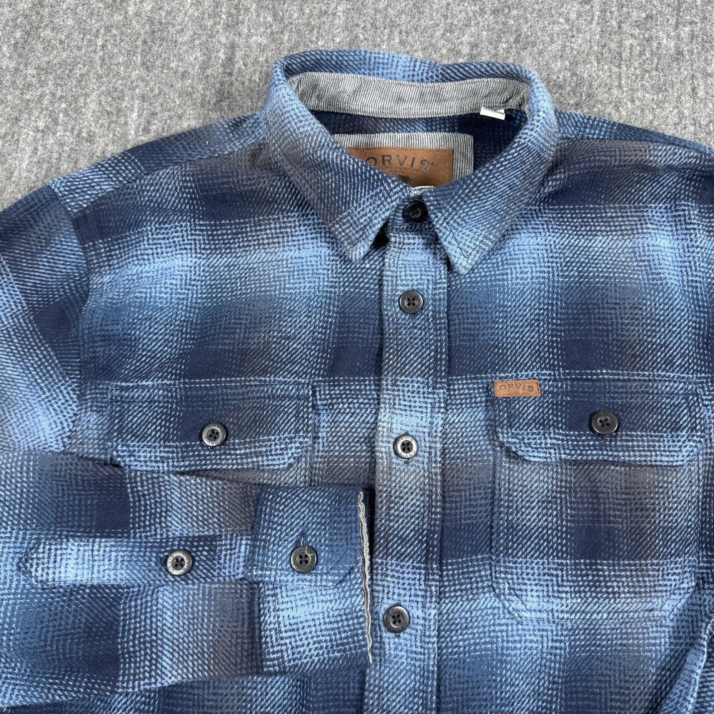 Orvis Men's Blue Plaid Cotton Shirt Jacket Flannel Long Sleeve Pockets Size S